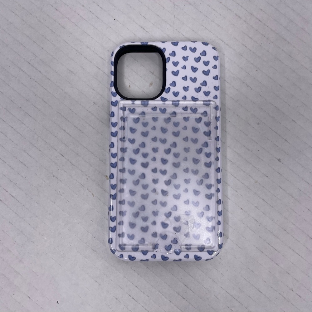 Casely Lovebug I-phone 12 mini phone‎ case white w blue hearts, added card slot